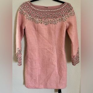 NWT Stunning Fitted Soft Pink Woolen Sequin Trim Dress